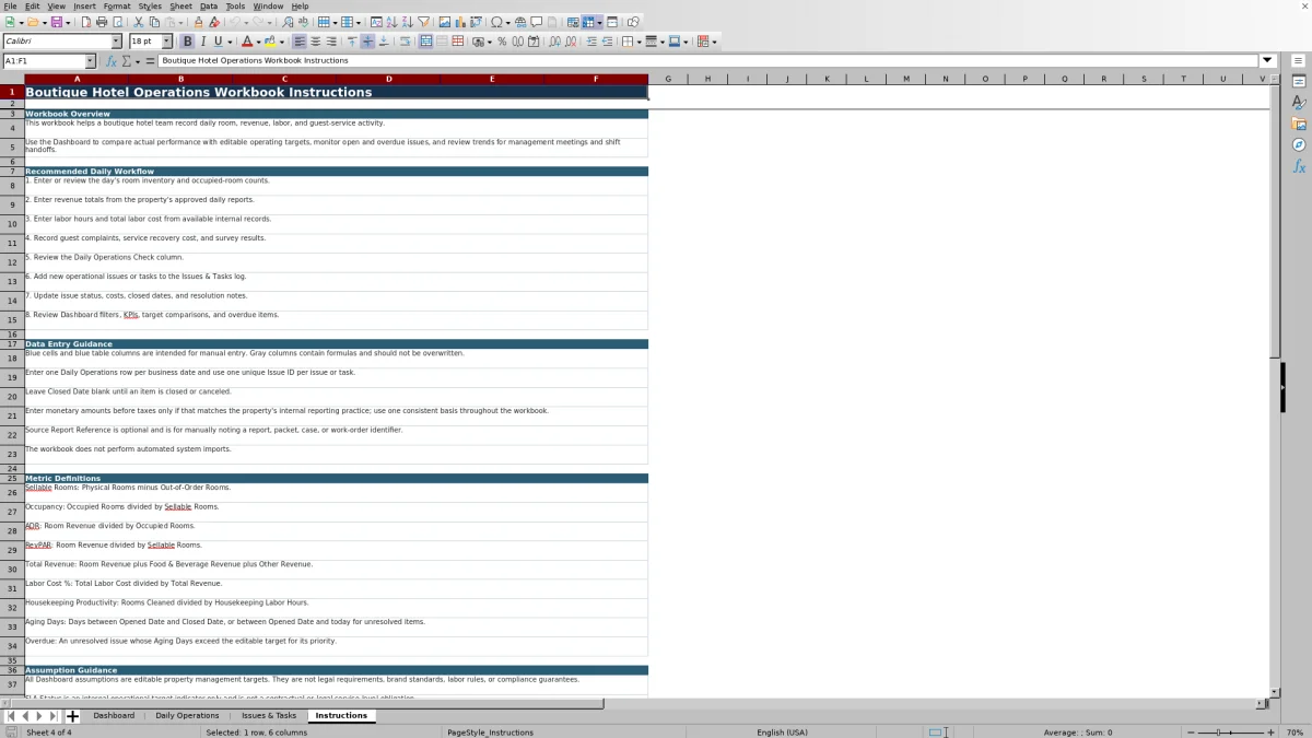 Screenshot 4: Instructions worksheet — boutique hotel operations dashboard Excel template