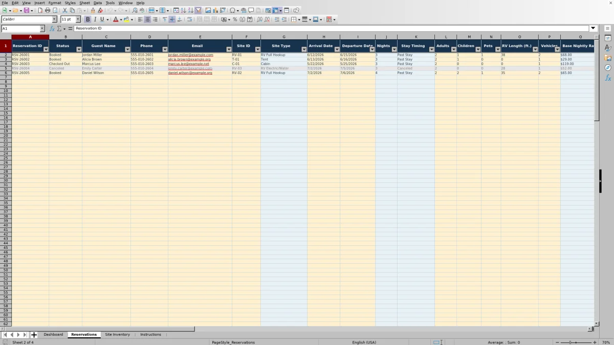 Screenshot 2: Reservations worksheet — campground site reservation tracker Excel template