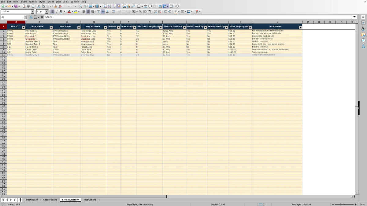 Screenshot 3: Site Inventory worksheet — campground site reservation tracker Excel template