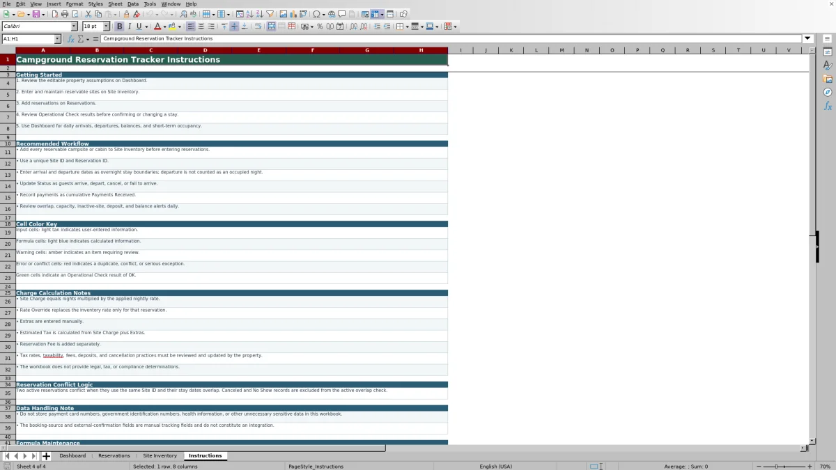 Screenshot 4: Instructions worksheet — campground site reservation tracker Excel template