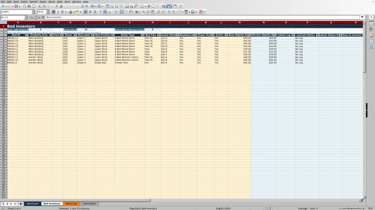 Screenshot 2: Bed Inventory worksheet — hostel bed inventory spreadsheet