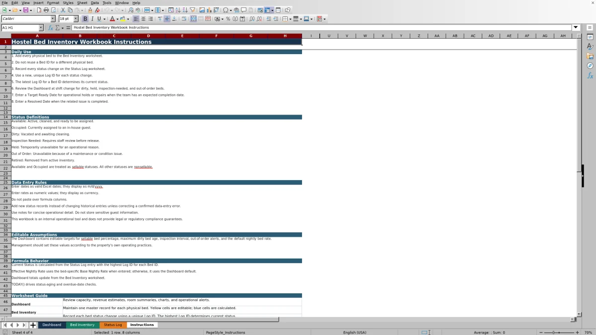 Screenshot 4: Instructions worksheet — hostel bed inventory spreadsheet