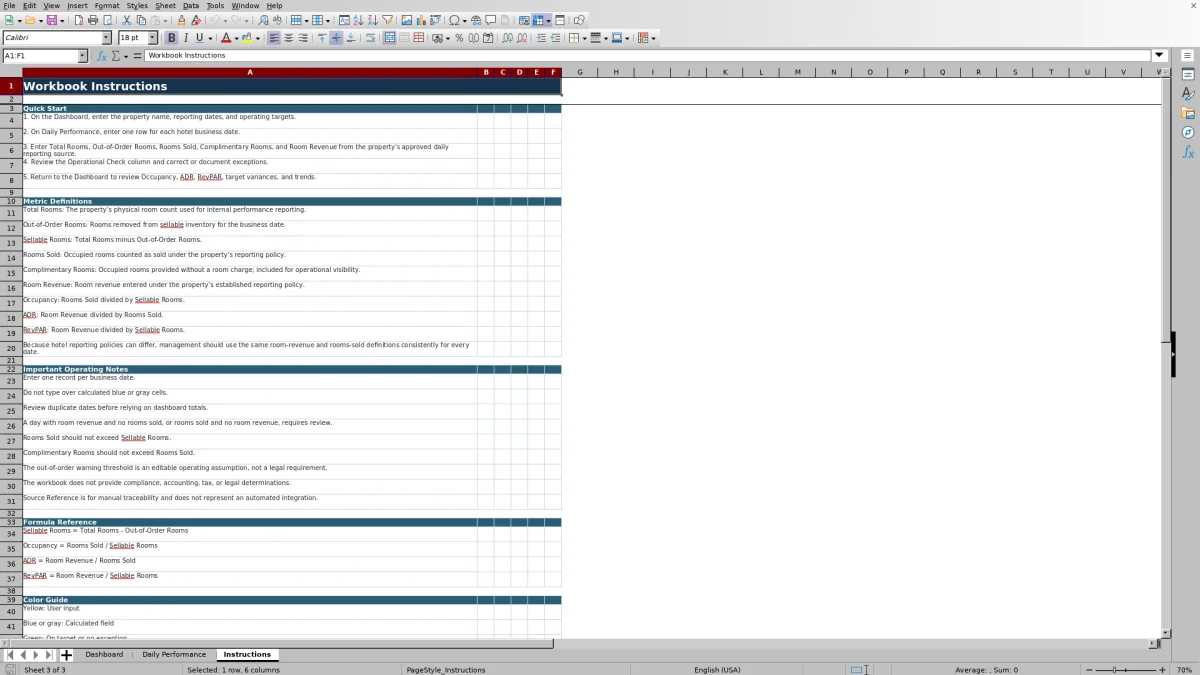 Screenshot 3: Instructions worksheet — hotel ADR RevPAR calculator spreadsheet