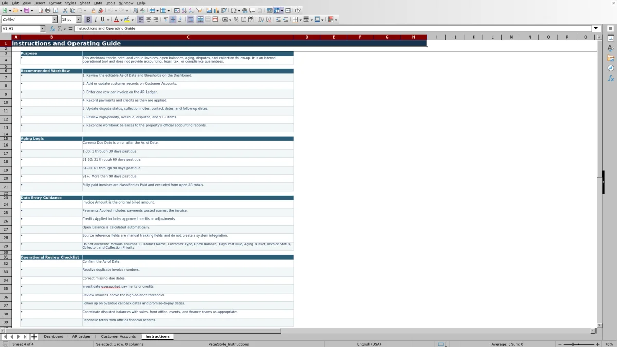 Screenshot 4: Instructions worksheet — hotel accounts receivable aging Excel template