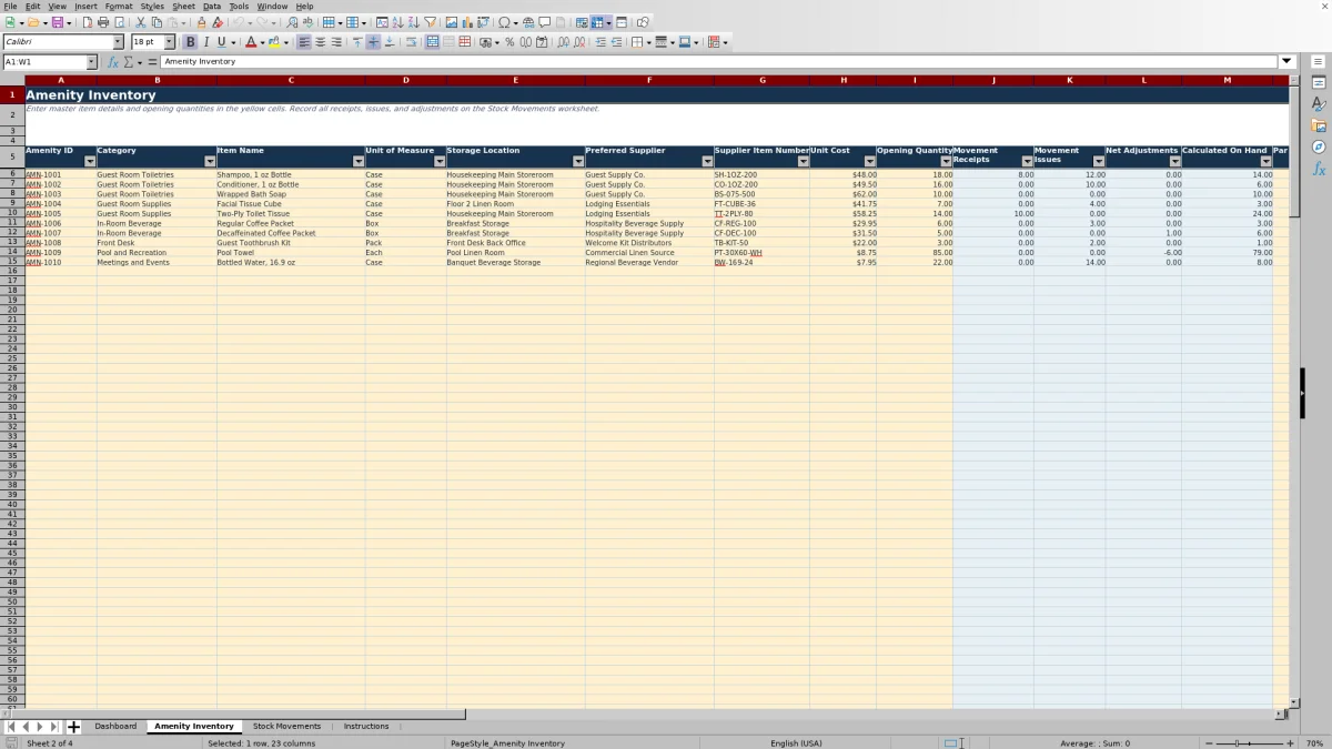 Screenshot 2: Amenity Inventory worksheet — hotel amenity inventory spreadsheet