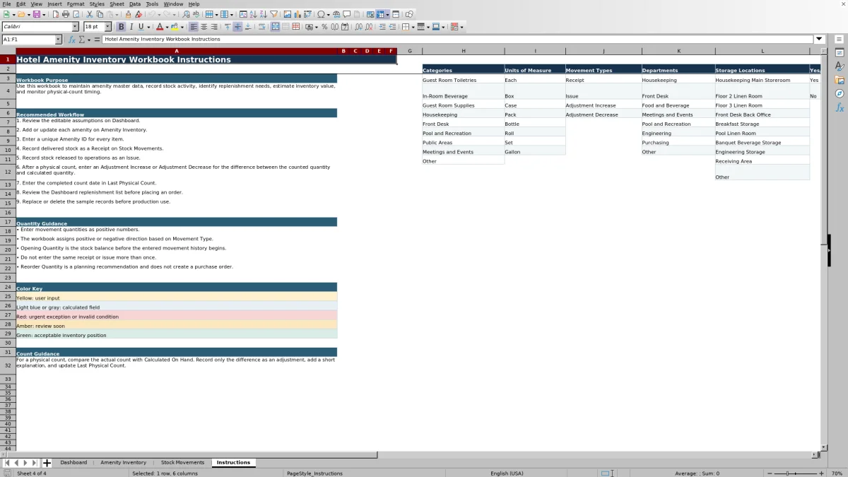 Screenshot 4: Instructions worksheet — hotel amenity inventory spreadsheet