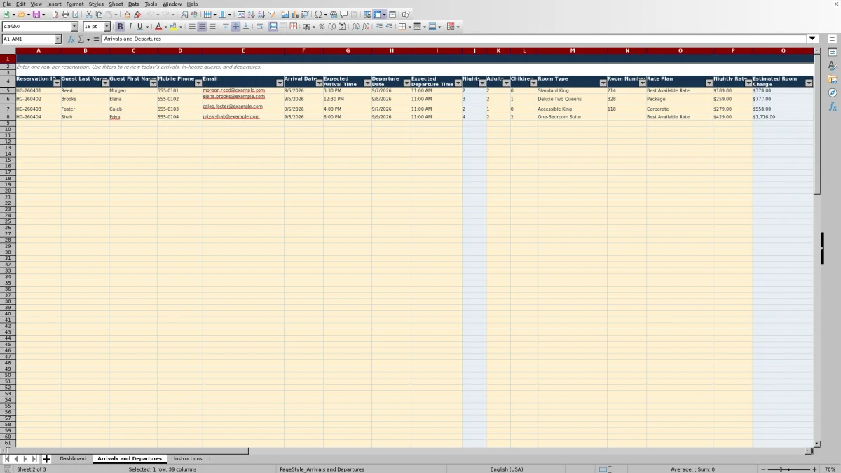 Screenshot 2: Arrivals and Departures worksheet — hotel arrivals and departures spreadsheet