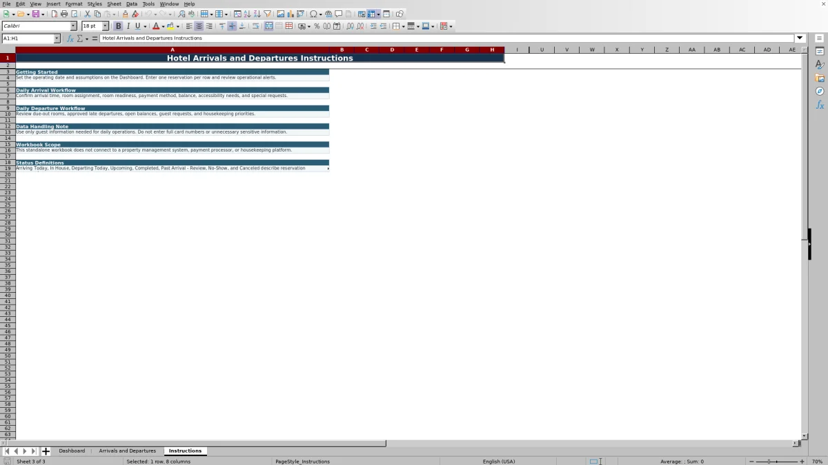 Screenshot 3: Instructions worksheet — hotel arrivals and departures spreadsheet