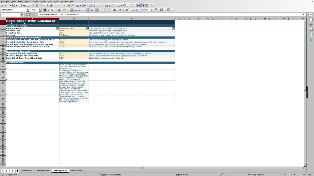 Screenshot 3: Assumptions worksheet — hotel break even calculator spreadsheet