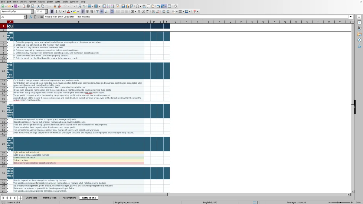 Screenshot 4: Instructions worksheet — hotel break even calculator spreadsheet