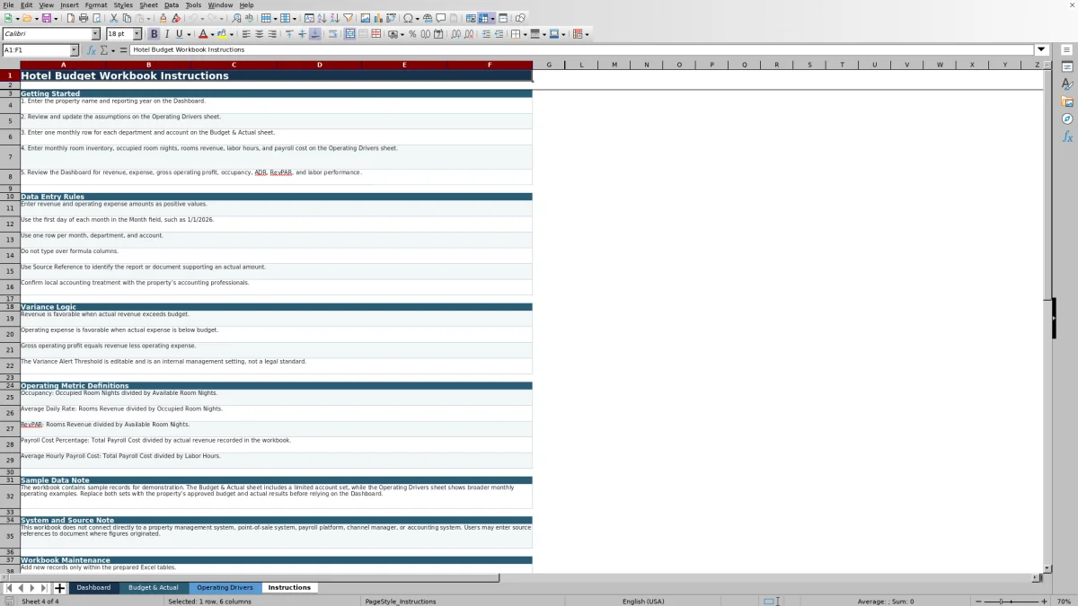 Screenshot 4: Instructions worksheet — hotel budget template excel