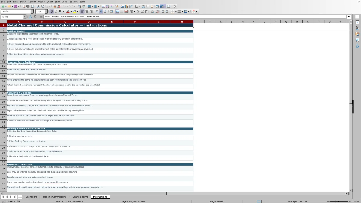 Screenshot 4: Instructions worksheet — hotel channel commission calculator spreadsheet