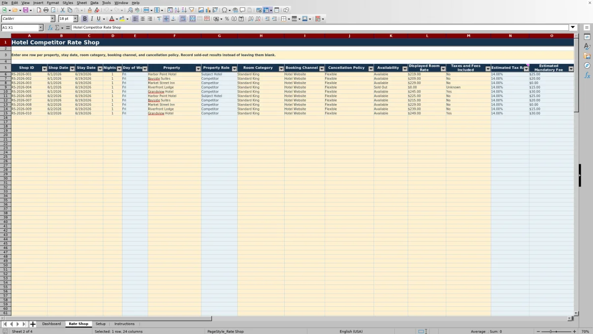 Screenshot 2: Rate Shop worksheet — hotel competitor rate shop Excel template