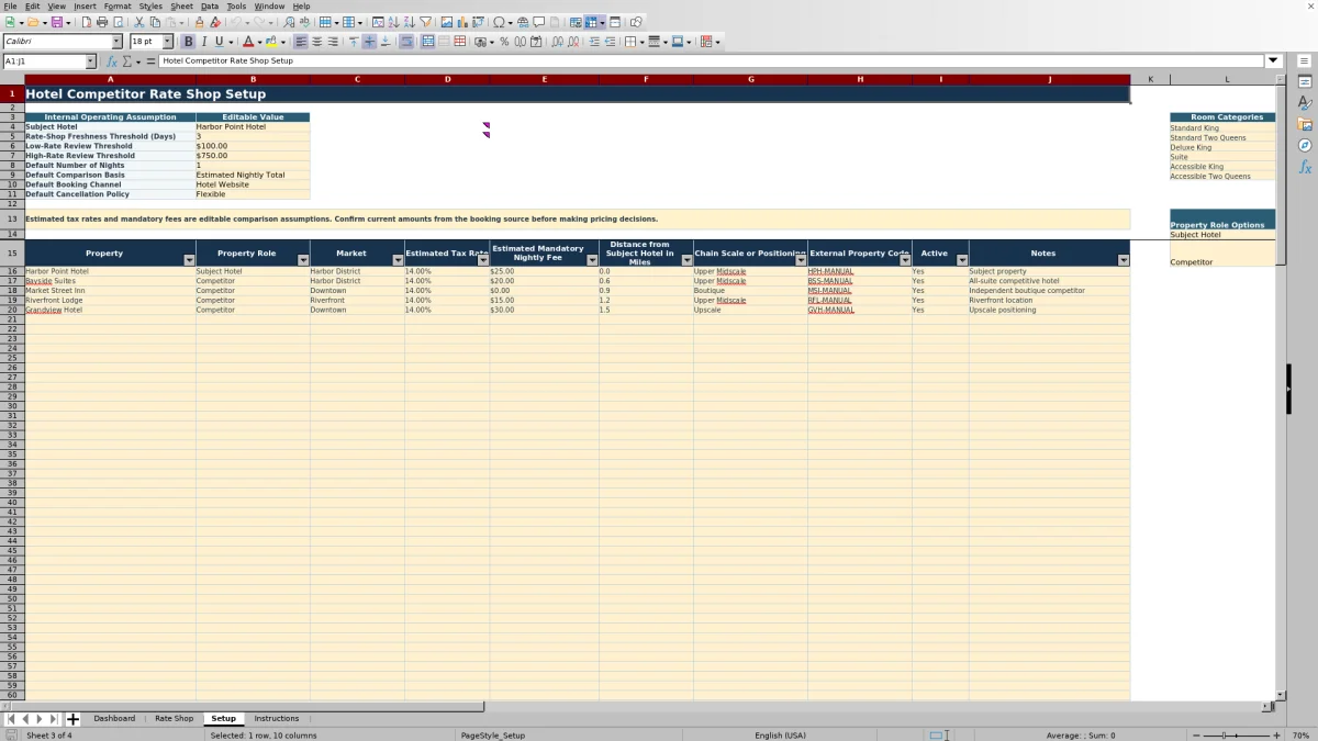 Screenshot 3: Setup worksheet — hotel competitor rate shop Excel template
