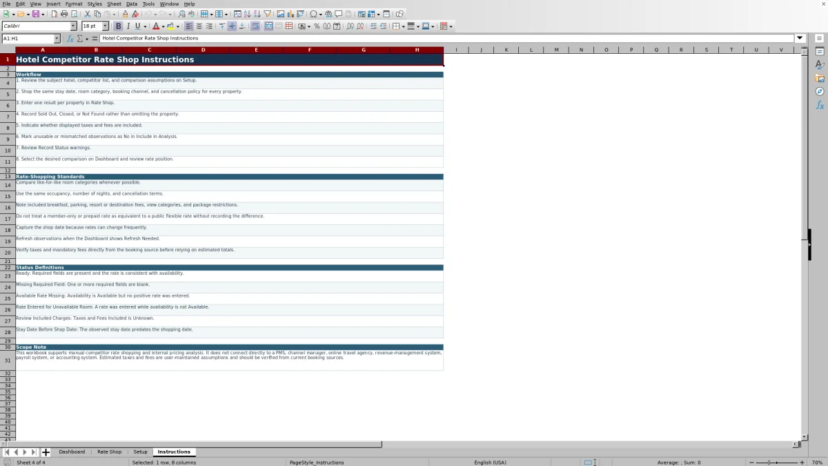 Screenshot 4: Instructions worksheet — hotel competitor rate shop Excel template