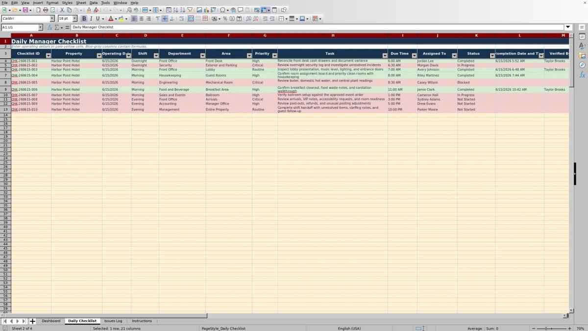Screenshot 2: Daily Checklist worksheet — hotel daily manager checklist spreadsheet
