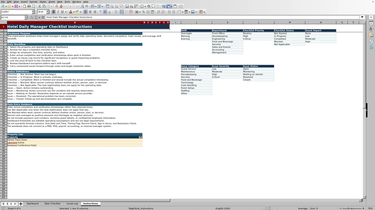 Screenshot 4: Instructions worksheet — hotel daily manager checklist spreadsheet