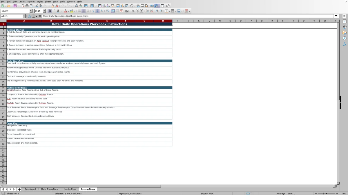Screenshot 4: Instructions worksheet — hotel daily operations report Excel template