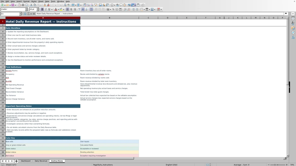 Screenshot 3: Instructions worksheet — hotel daily revenue report Excel template