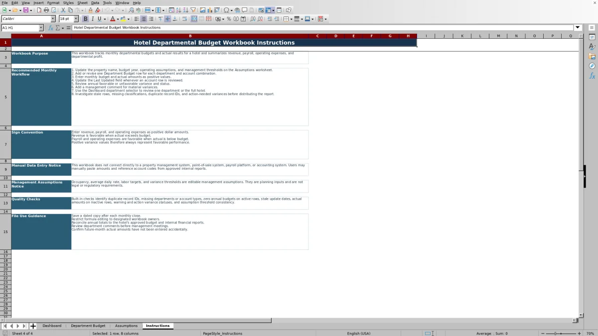 Screenshot 4: Instructions worksheet — hotel departmental budget Excel template