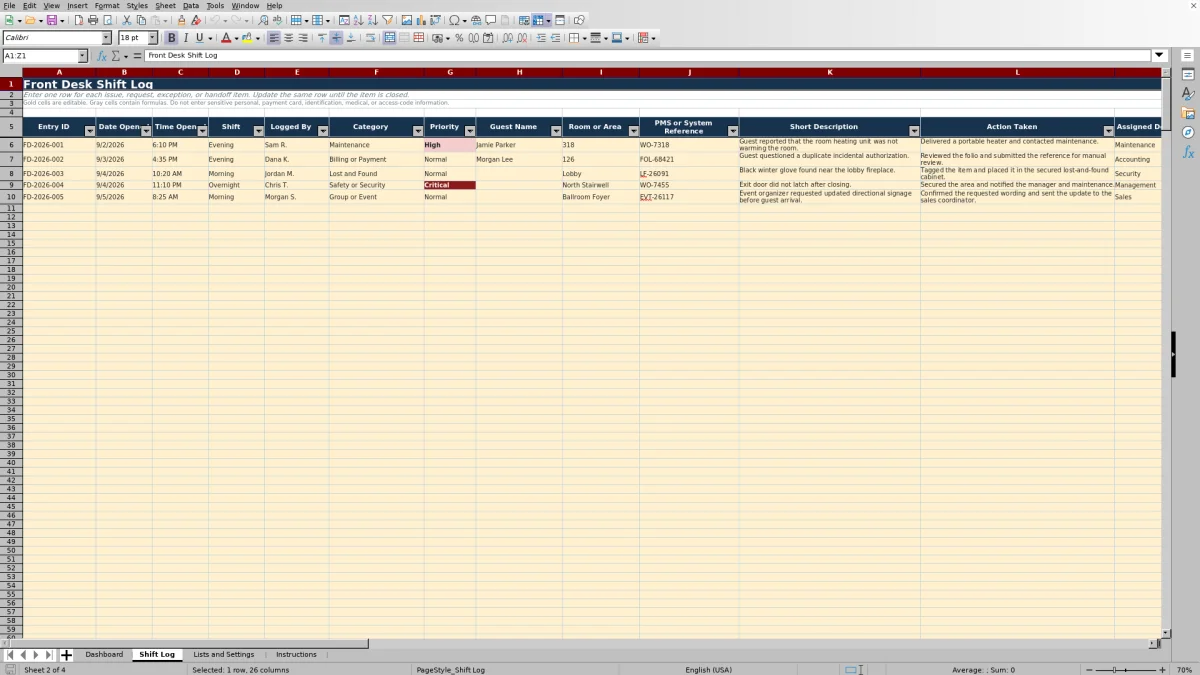 Screenshot 2: Shift Log worksheet — hotel front desk shift log spreadsheet
