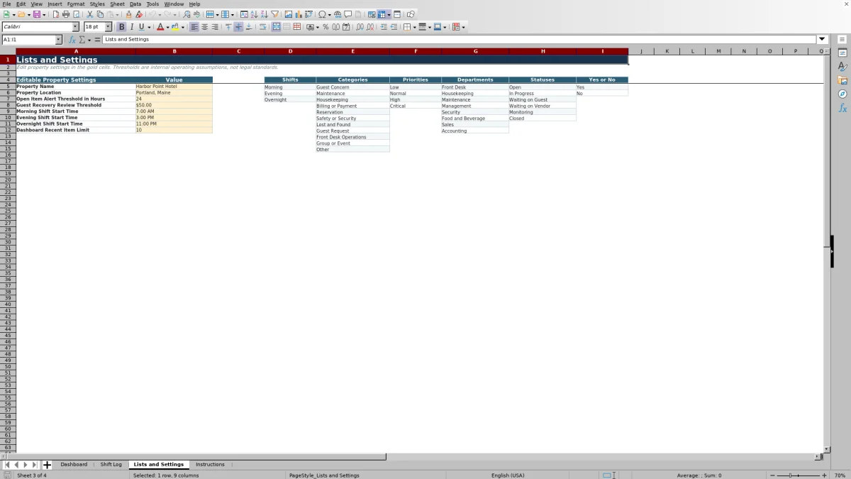 Screenshot 3: Lists and Settings worksheet — hotel front desk shift log spreadsheet