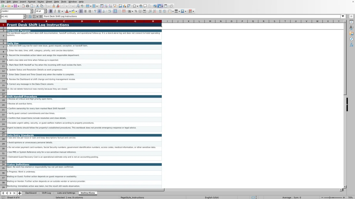 Screenshot 4: Instructions worksheet — hotel front desk shift log spreadsheet