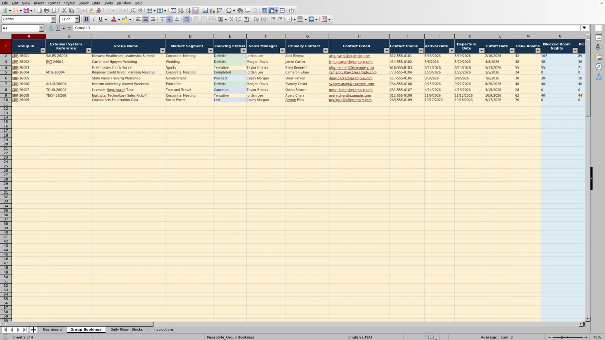 Screenshot 2: Group Bookings worksheet — hotel group booking tracker Excel template
