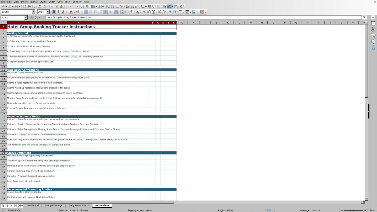 Screenshot 4: Instructions worksheet — hotel group booking tracker Excel template