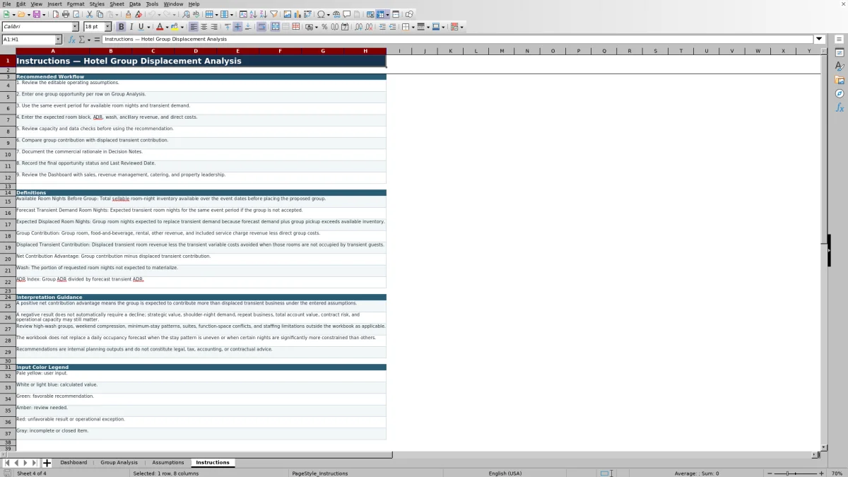 Screenshot 4: Instructions worksheet — hotel group displacement analysis Excel template
