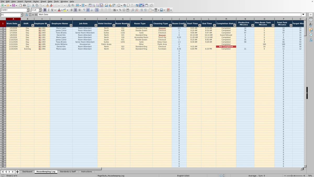 Screenshot 2: Housekeeping Log worksheet — hotel housekeeping productivity tracker Excel template