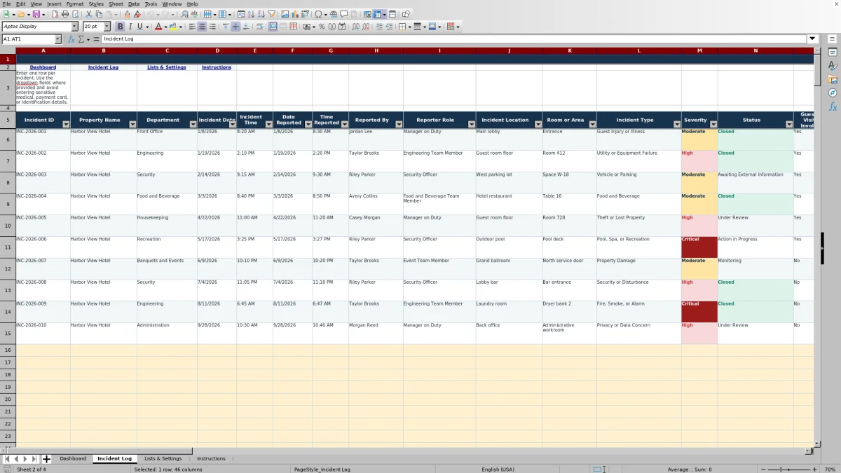Screenshot 2: Incident Log worksheet — hotel incident report tracker Excel template