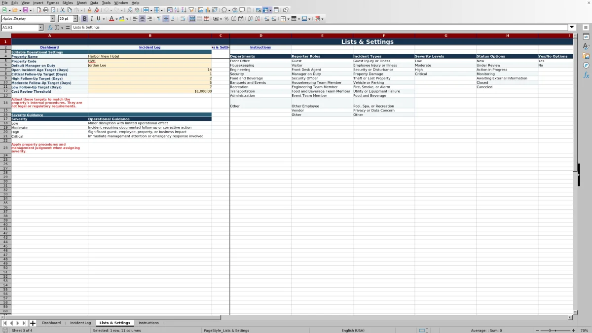 Screenshot 3: Lists & Settings worksheet — hotel incident report tracker Excel template