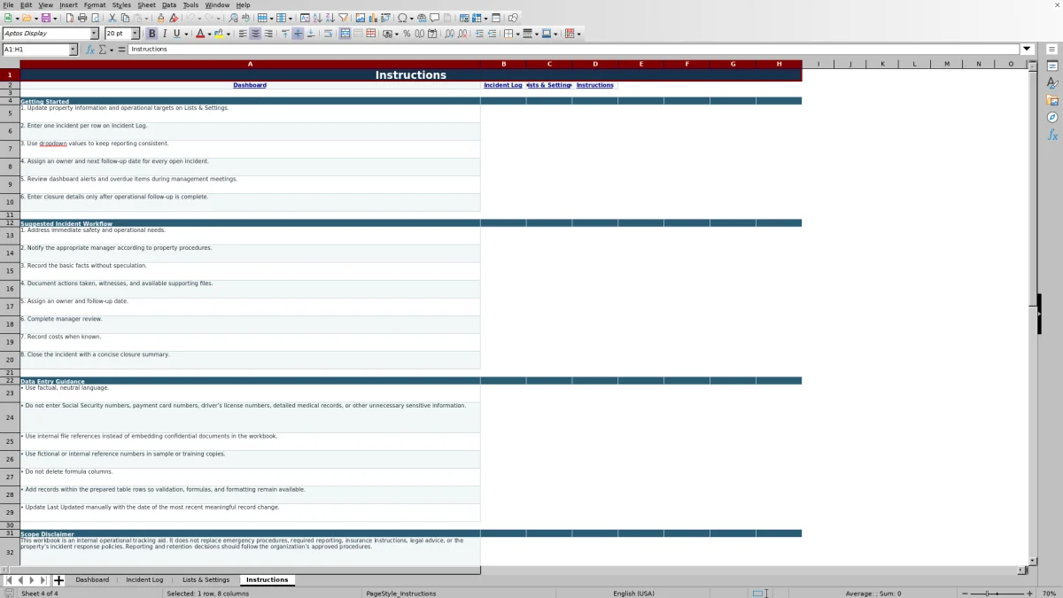 Screenshot 4: Instructions worksheet — hotel incident report tracker Excel template