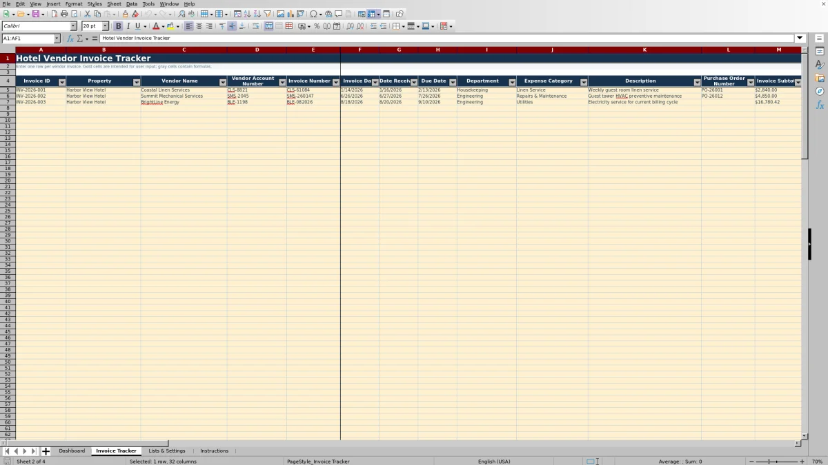Screenshot 2: Invoice Tracker worksheet — hotel invoice tracker spreadsheet