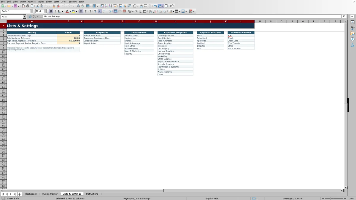 Screenshot 3: Lists & Settings worksheet — hotel invoice tracker spreadsheet