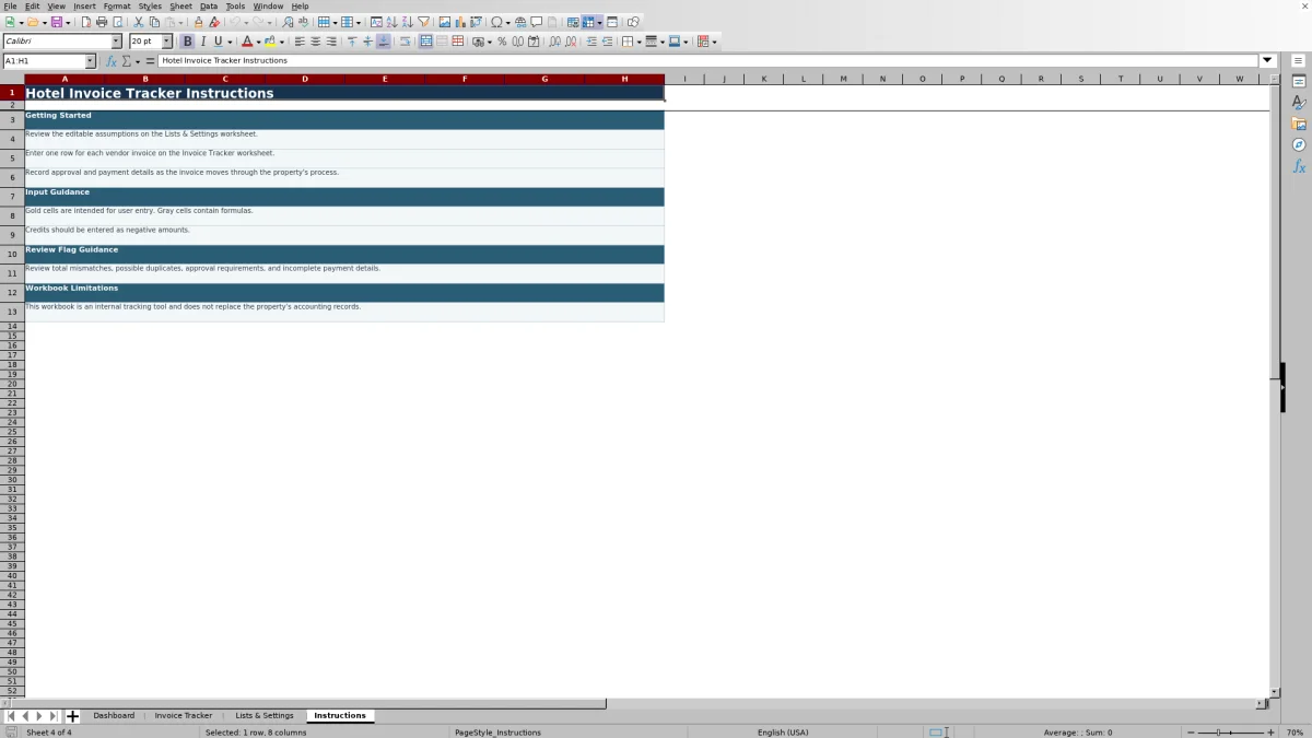 Screenshot 4: Instructions worksheet — hotel invoice tracker spreadsheet