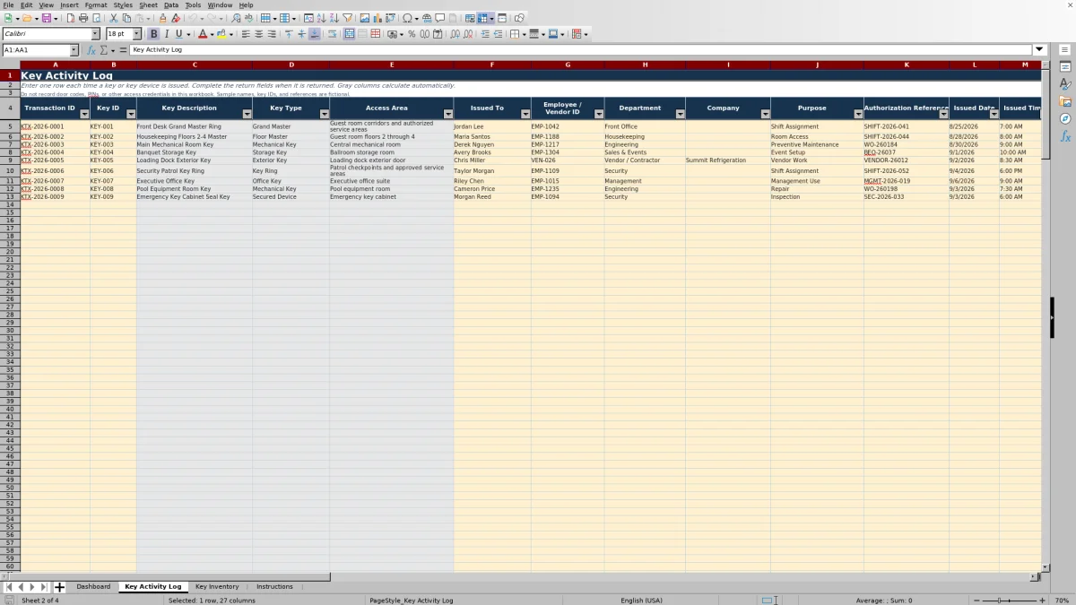 Screenshot 2: Key Activity Log worksheet — hotel key control log spreadsheet