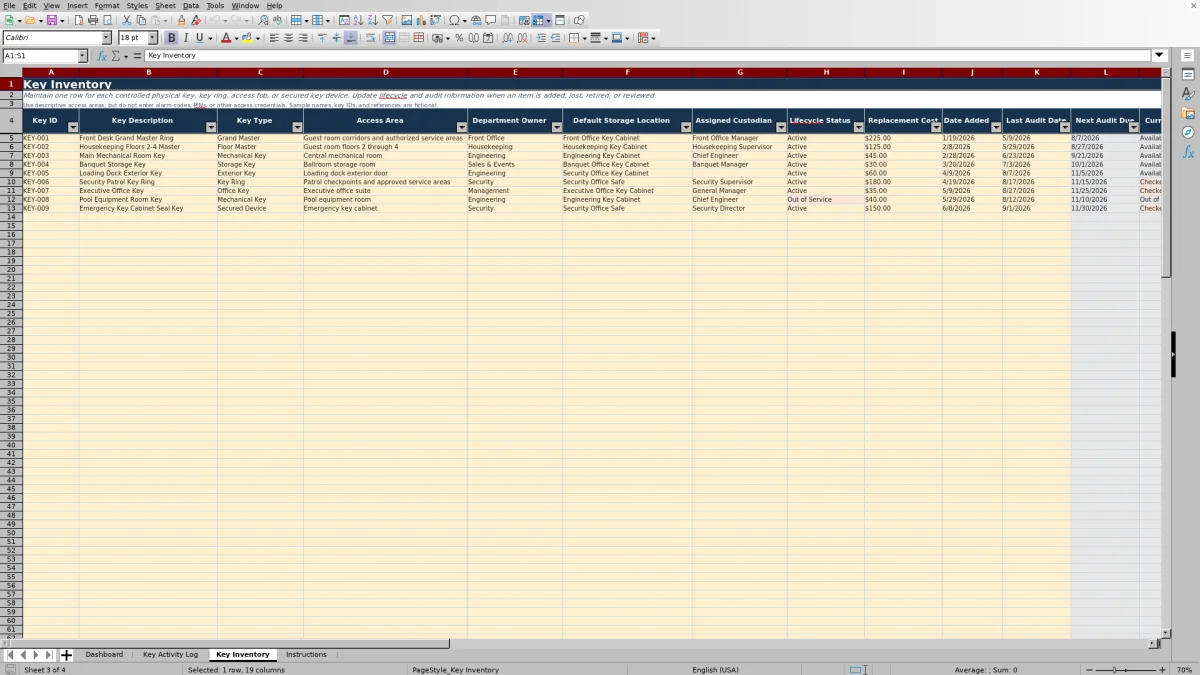 Screenshot 3: Key Inventory worksheet — hotel key control log spreadsheet