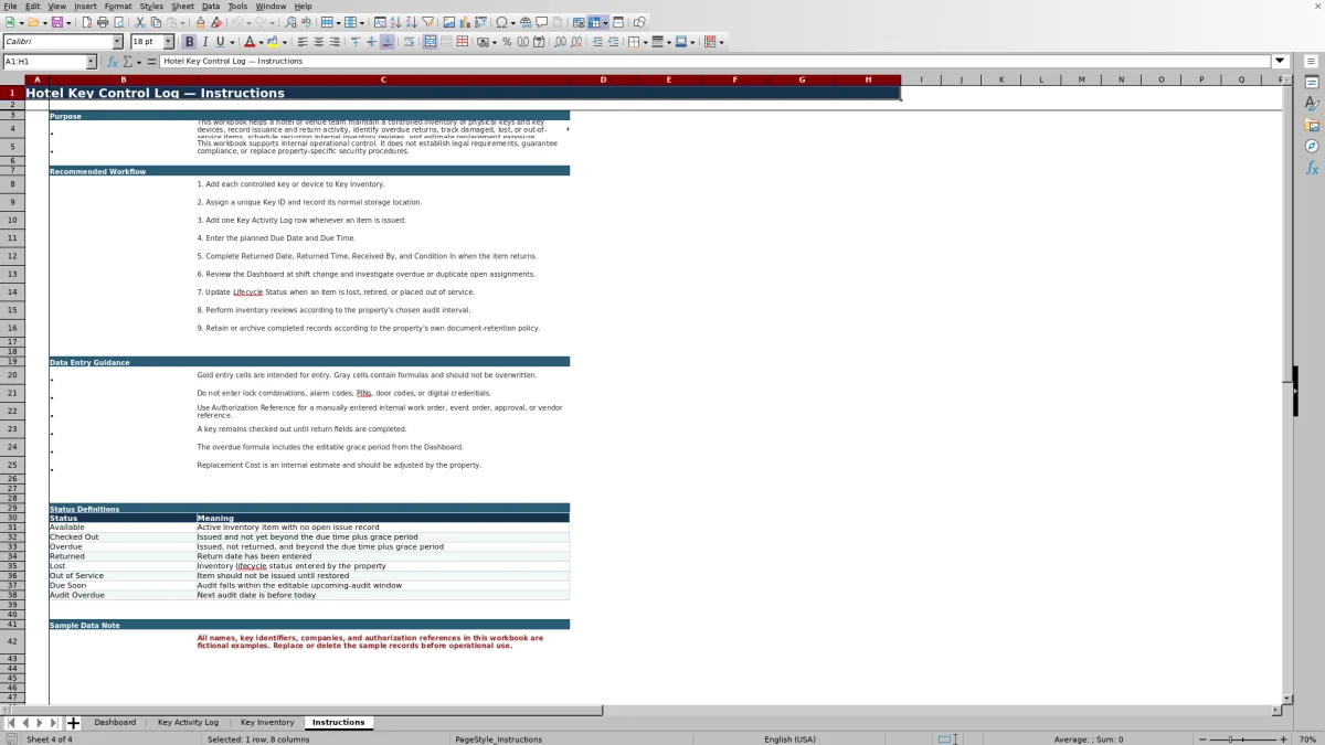 Screenshot 4: Instructions worksheet — hotel key control log spreadsheet
