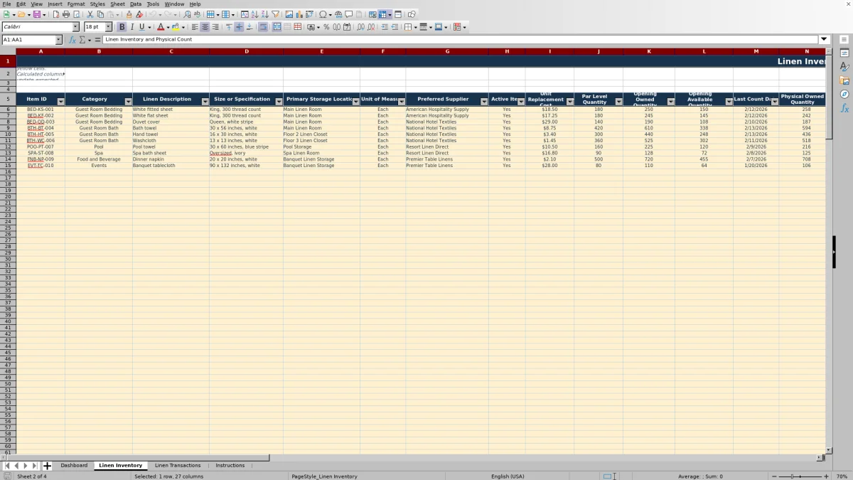 Screenshot 2: Linen Inventory worksheet — hotel linen inventory Excel template