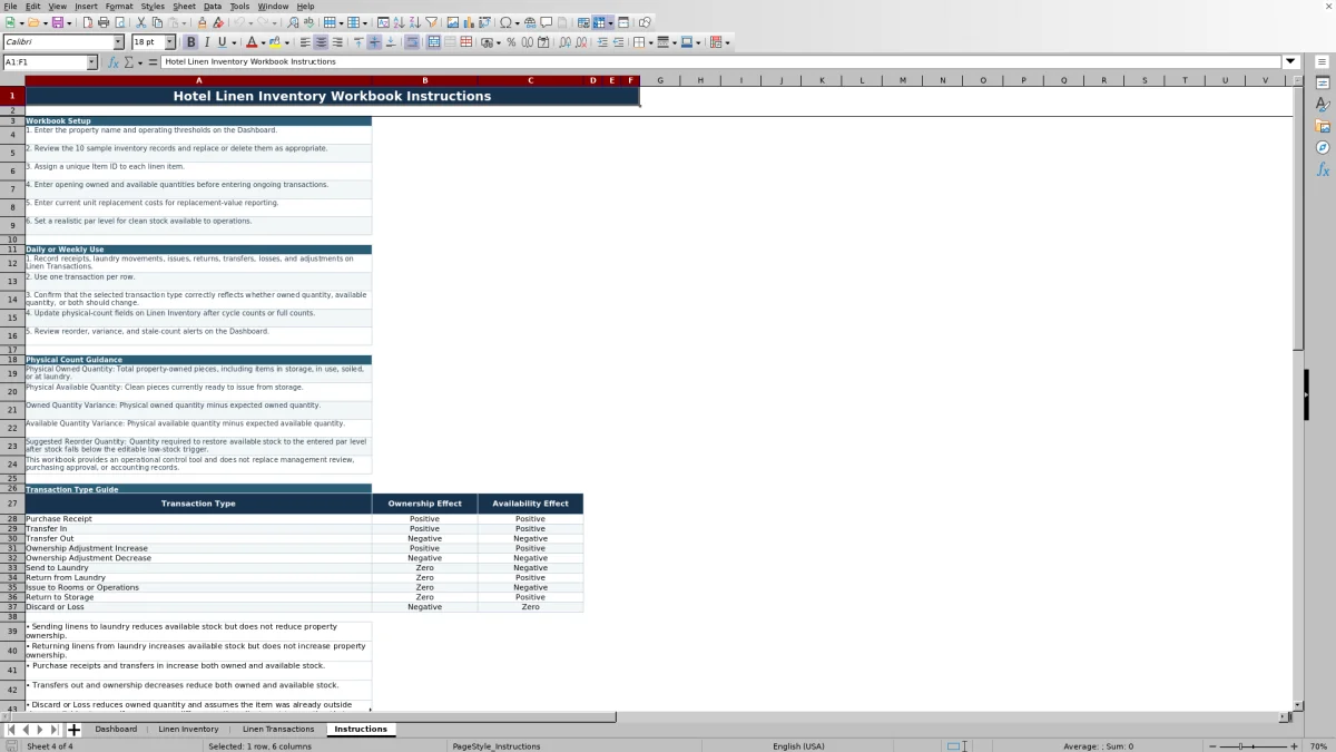 Screenshot 4: Instructions worksheet — hotel linen inventory Excel template