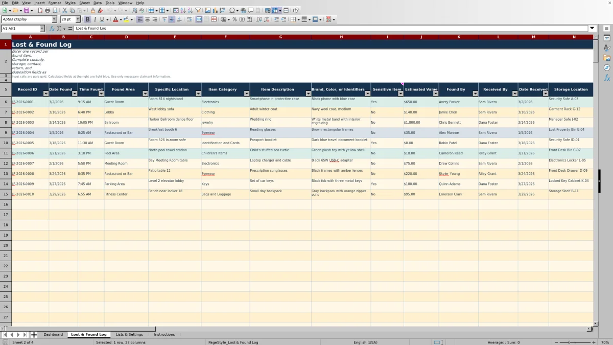 Screenshot 2: Lost & Found Log worksheet — hotel lost and found log Excel template