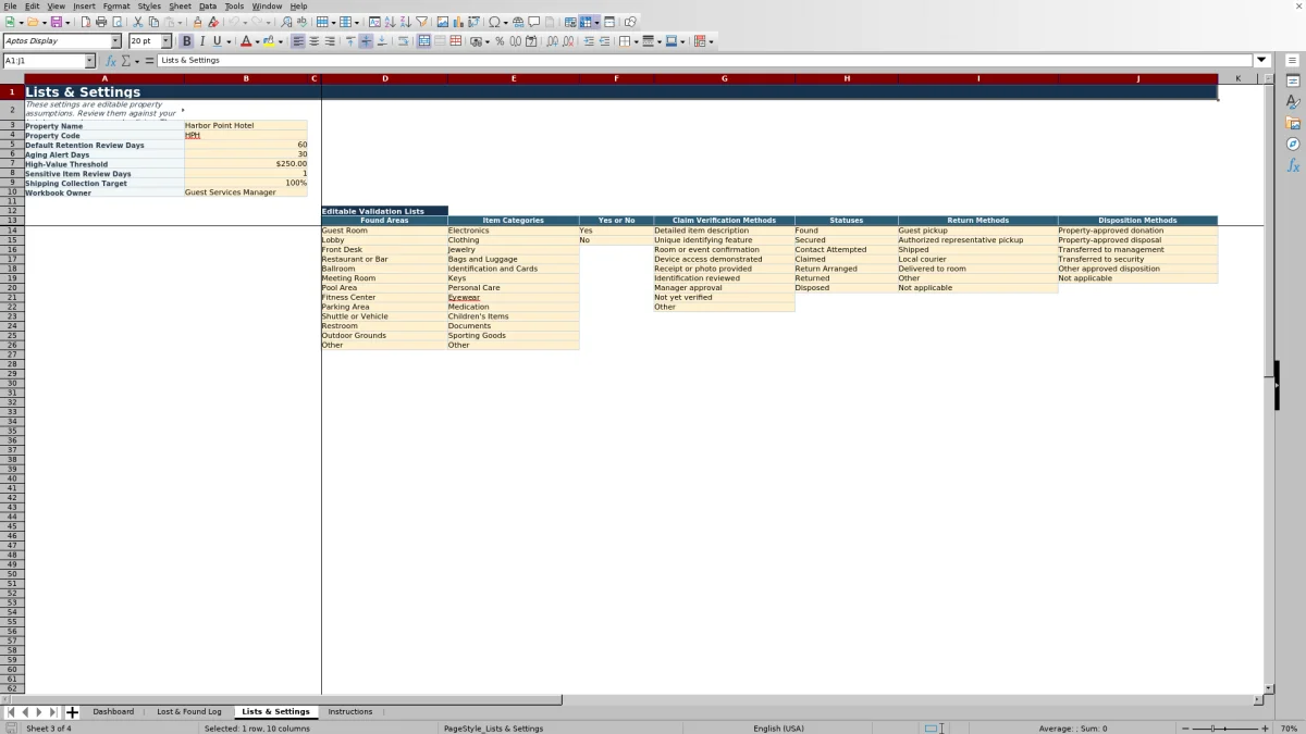 Screenshot 3: Lists & Settings worksheet — hotel lost and found log Excel template