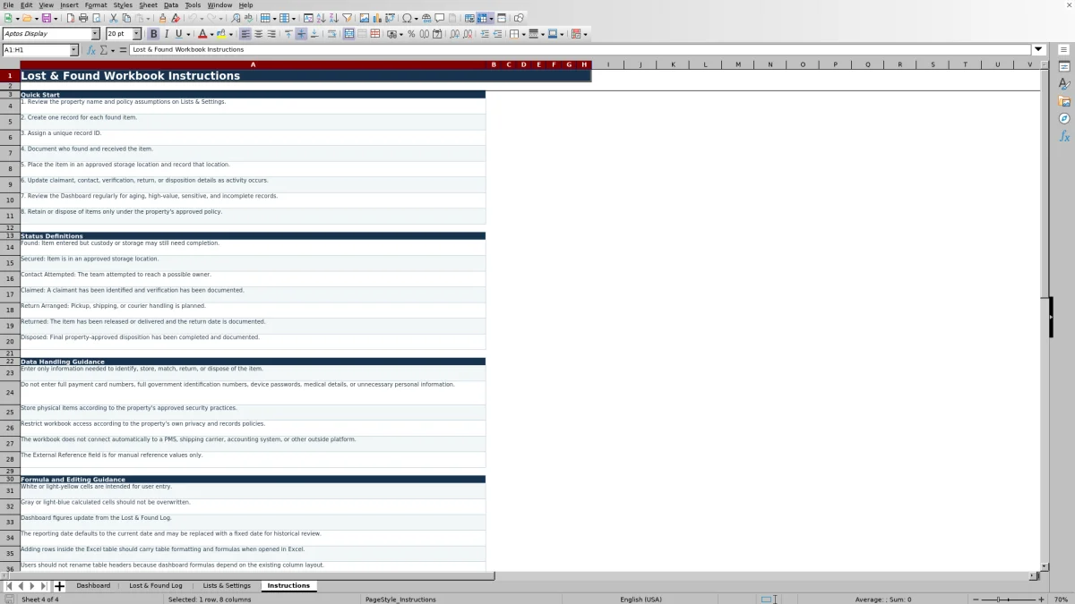 Screenshot 4: Instructions worksheet — hotel lost and found log Excel template