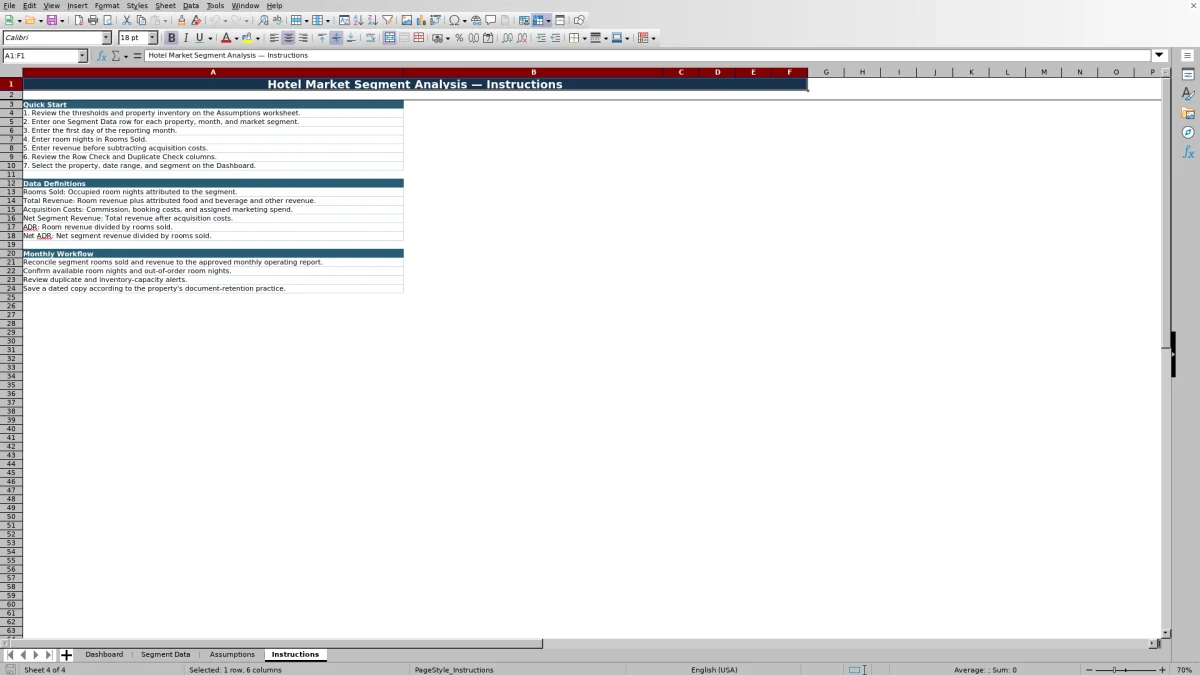 Screenshot 4: Instructions worksheet — hotel market segment analysis spreadsheet