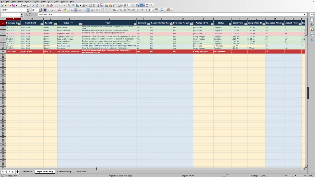 Screenshot 2: Night Audit Log worksheet — hotel night audit checklist Excel template