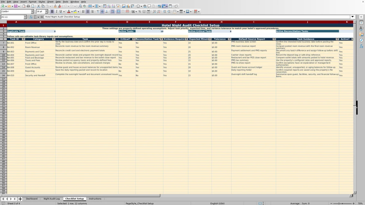 Screenshot 3: Checklist Setup worksheet — hotel night audit checklist Excel template