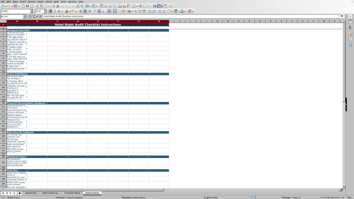 Screenshot 4: Instructions worksheet — hotel night audit checklist Excel template