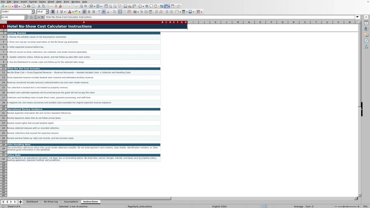 Screenshot 4: Instructions worksheet — hotel no show cost calculator spreadsheet
